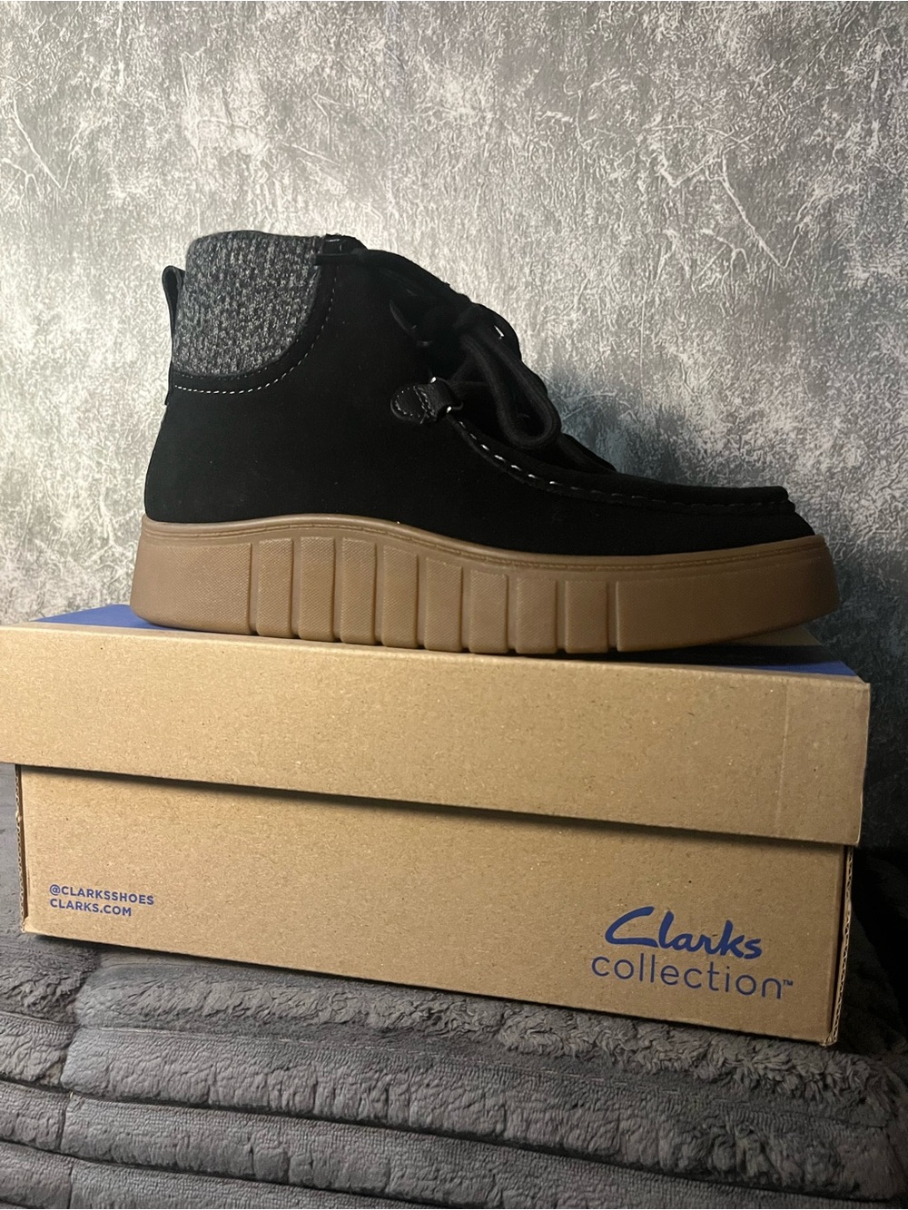 Clarks Women's Black Suede Lace-Up Boot with Tan Sole